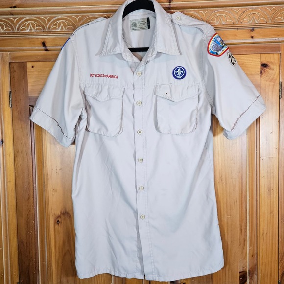 Men's Tan Boy Scouts Of America Uniform Shirt With Vented Back BSA‎ Size Small - Picture 1 of 8